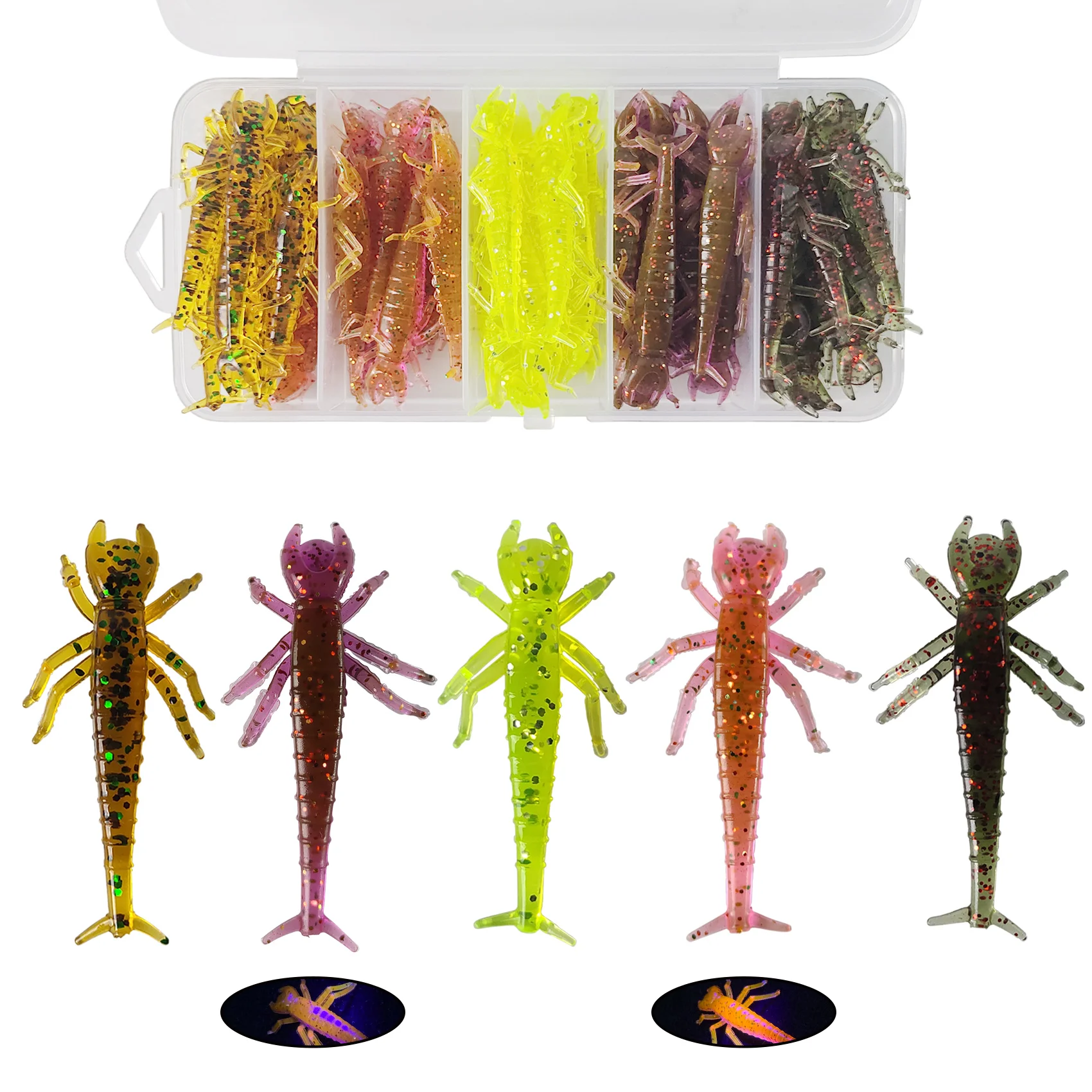 Aventik 50PCS Insect Bait Kit 50mm Lifelike Big Jawed Water Bug Soft Plastic Fishing Lures Diving Bugs Swim Bait for Bass Trout