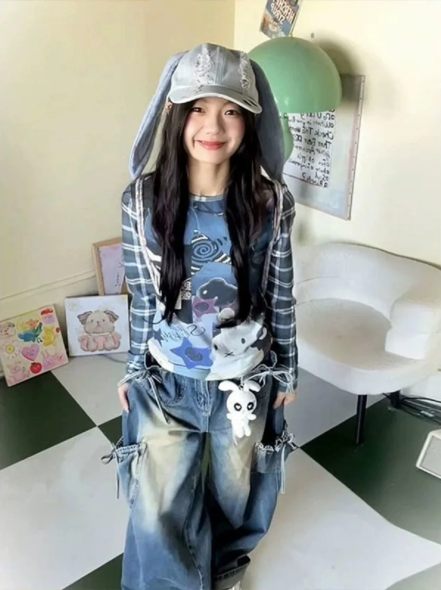 

American Retro Rabbit Printed Long-Sleeved T-Shirt Women Spring Autumn New Plaid Base Shirt Design Slim Body