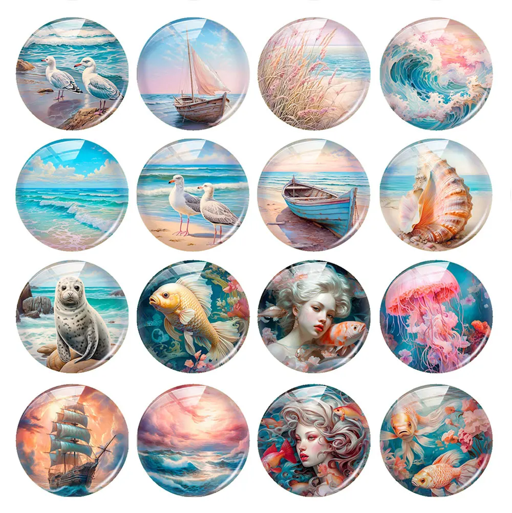 Random Mixed Round/Oval/Square Ocean Beach Sea Conch Wave Boat Photo Glass Cabochon Flatback Demo Cameo For Diy Jewelry Making