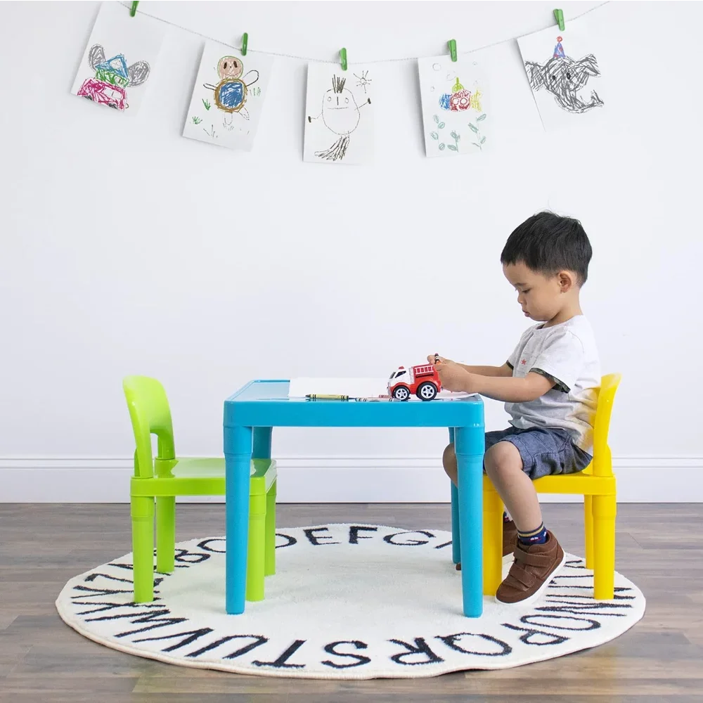 Humble Crew, Aqua Table & Green/Yellow Kids Lightweight Plastic Table and 2 Chairs Set, Square, Toddler kids desk