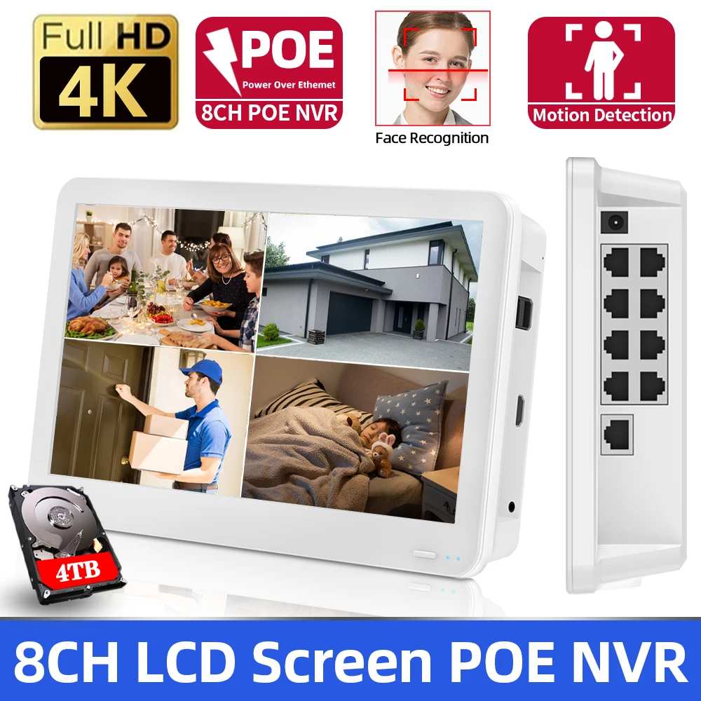 HD 11.6inch Screen POE NVR 4K 8MP Face Detection Video Recorder 48V for POE IP Camera CCTV System Network Surveillance XMEYE