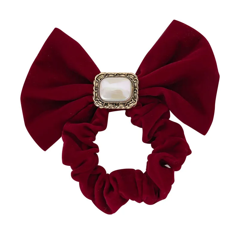 Donna elegante velluto perla elastici fascia per capelli rosso nero artigli per capelli Solid Scrunchies cravatte per capelli supporto per coda di cavallo accessori per capelli