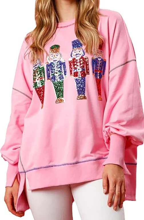 Women's Christmas Sequin Sweatshirt Pullover 2025 New Year Wear Sequins Versatile Top Cartoon Pink Split Hem Sweater For Women