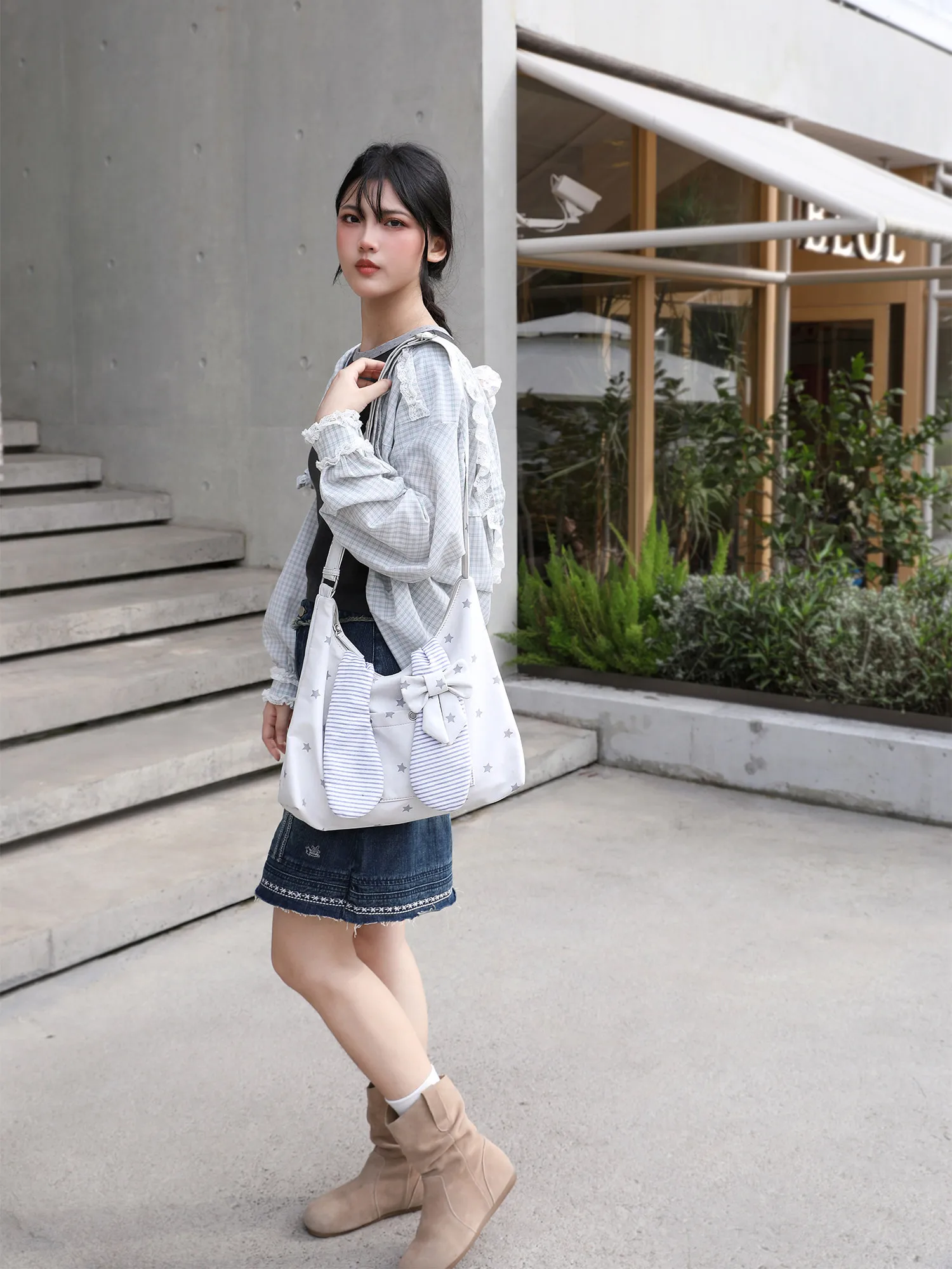 Early Autumn Japanese Light Asian Y2k Shoulder Bag Girl Rabbit Ear Bow Tote Bag Striped Star Messenger Bag for Woman