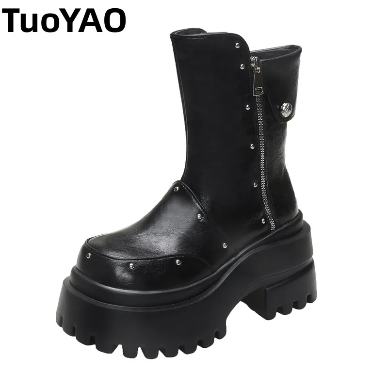 

2025 Women High Platform Leather Motorcycle Boots Winter Punk Sneakers Combat Booties Woman Thick Bottom Zip Mid Calf Boots 9CM