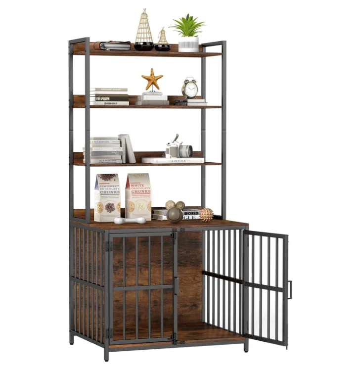 Wooden Modern Dog Crate Furniture Style Pet Cage Storage Shelves 2 Lockable Doors Indoor Dog Kennel Side Table Living Room