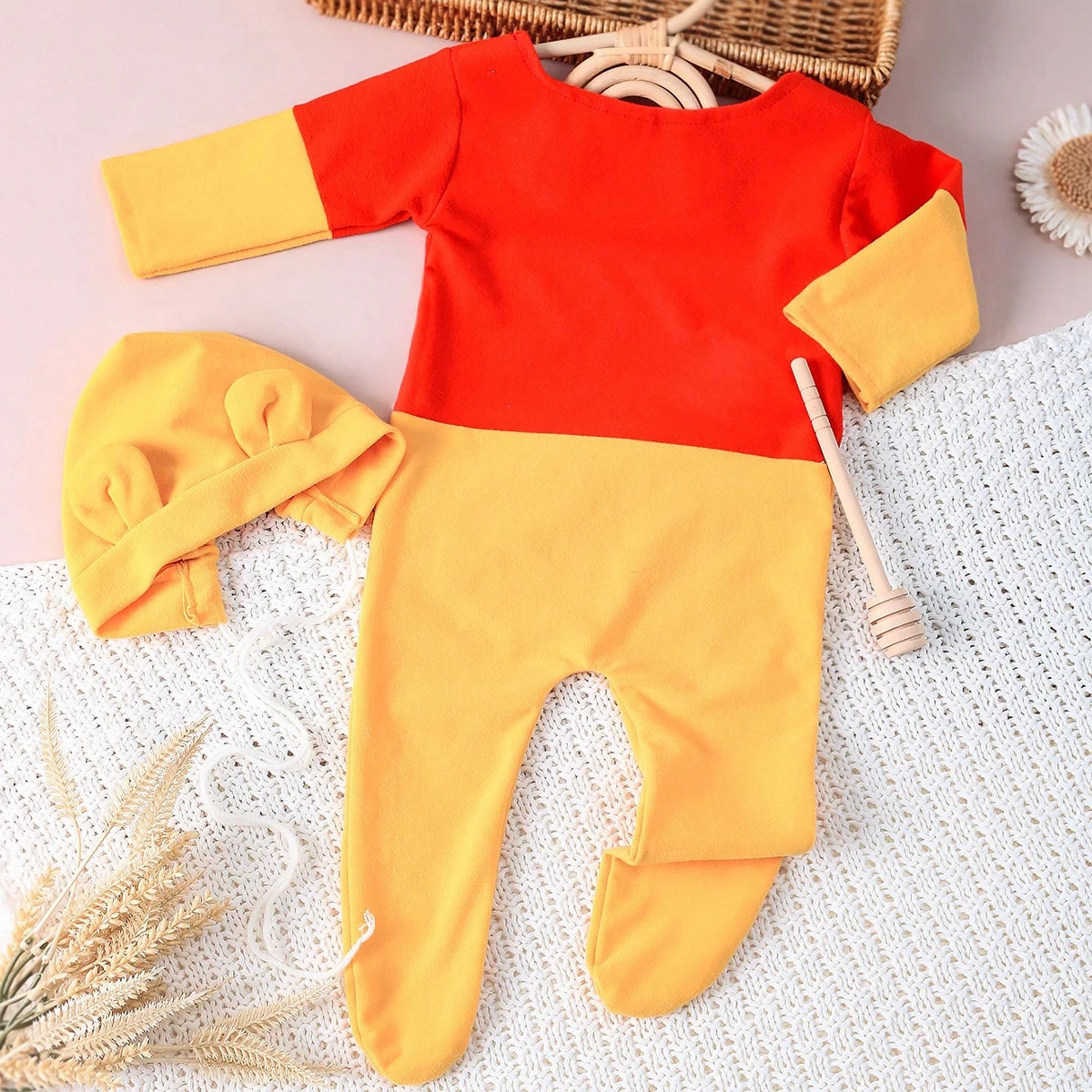 Ylsteed Newborn Boy Photography Props Bear Ears Hat Photo Shooting Outfits Baby Footed Jumpsuit Overalls Infant Picture Props