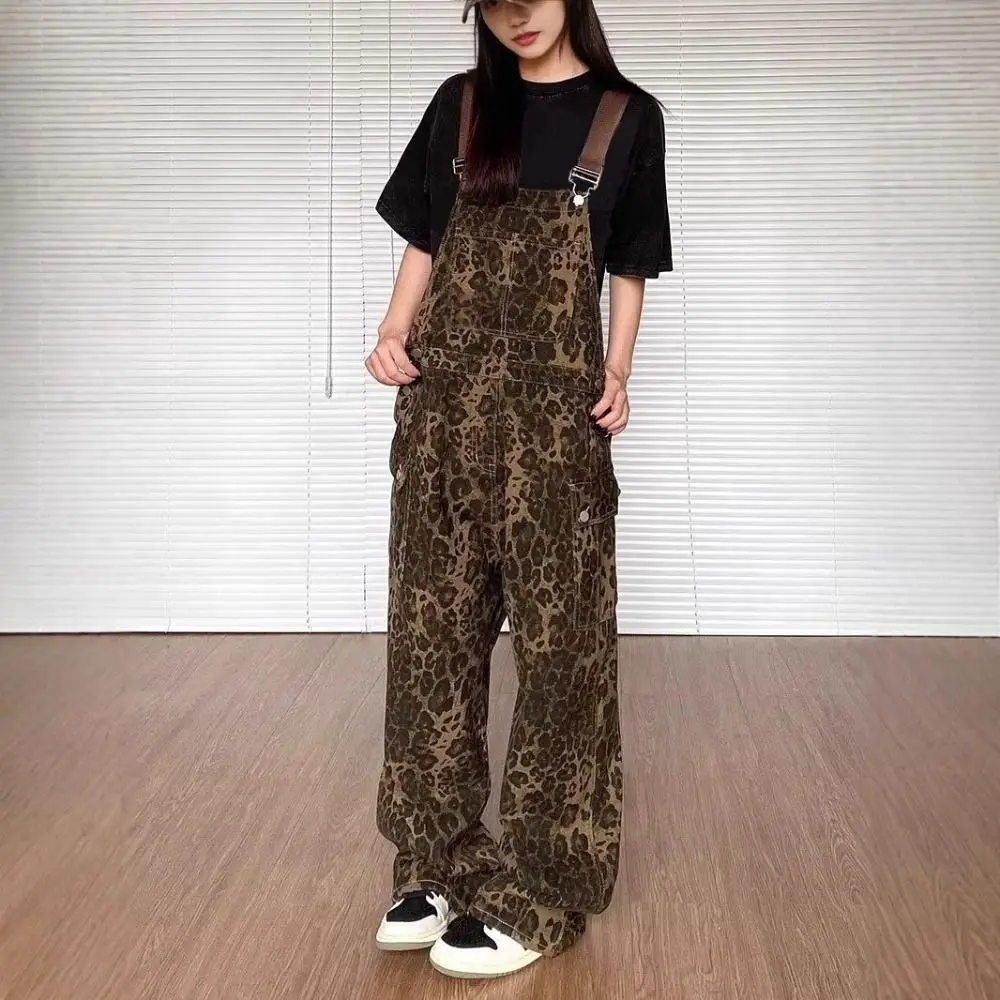 Monos holgados coreanos con estampado de leopardo para mujer, peleles de pierna ancha y cintura alta, pantalones Retro Y2k con estampado de leopardo y pierna recta para mujer