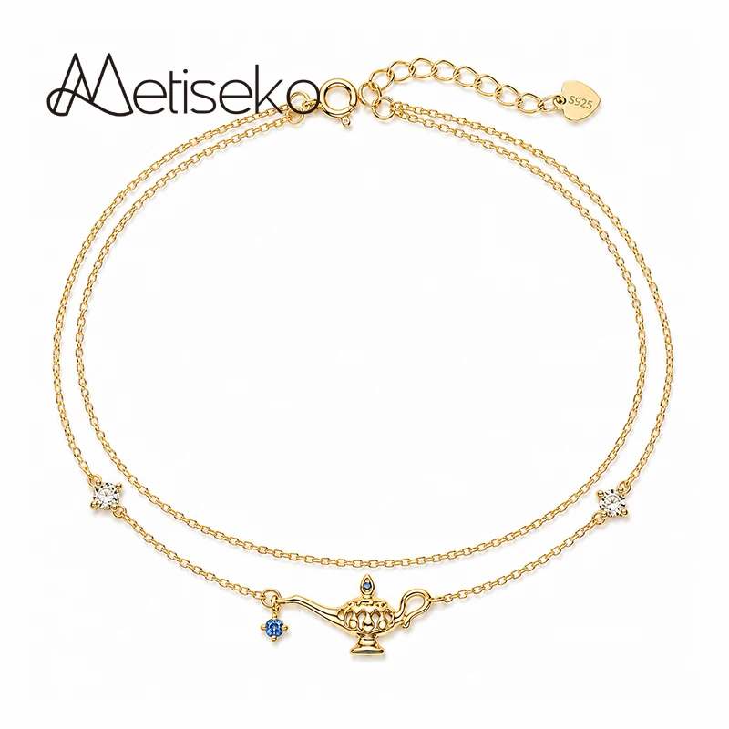 Metiseko 925 Sterling Silver 14K Gold Plated Double Layer Magic Lamp Cubic Zirconia Bracelet for Women Dainty Layered Jewelry