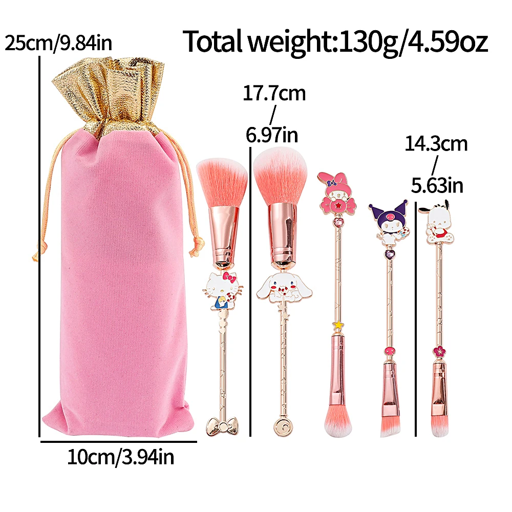 Set di pennelli per trucco in metallo da 5 pezzi Pennelli per trucco Sanrio Kuromi per guance Pennello per fondotinta cosmetico per occhi Regalo di Natale per la fidanzata