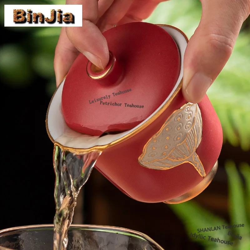 135ml Gold Drawing Lotus Gaiwan Zen Tea Tureen Household Tea Bowl With Lid Kit Tea Maker Cover Bowl Tea Ceremony Supplies Gift