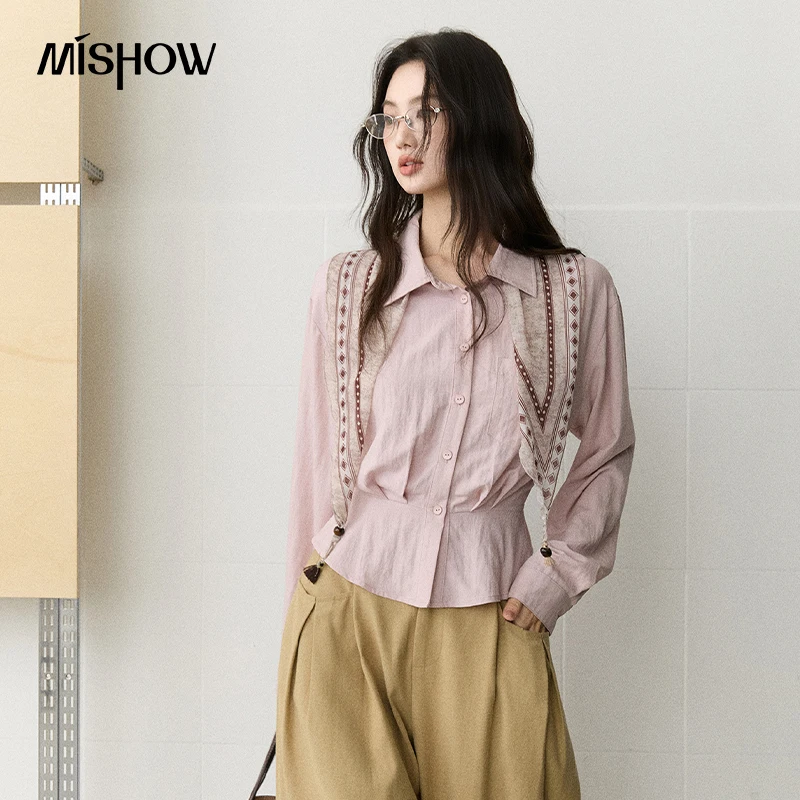 MISHOW Turn‑Down Collar Shirt 2026 Autumn Back Elastic Waist Slim Shirts Retro Casual Tops Detachable Printed Scarf MXF44C2559