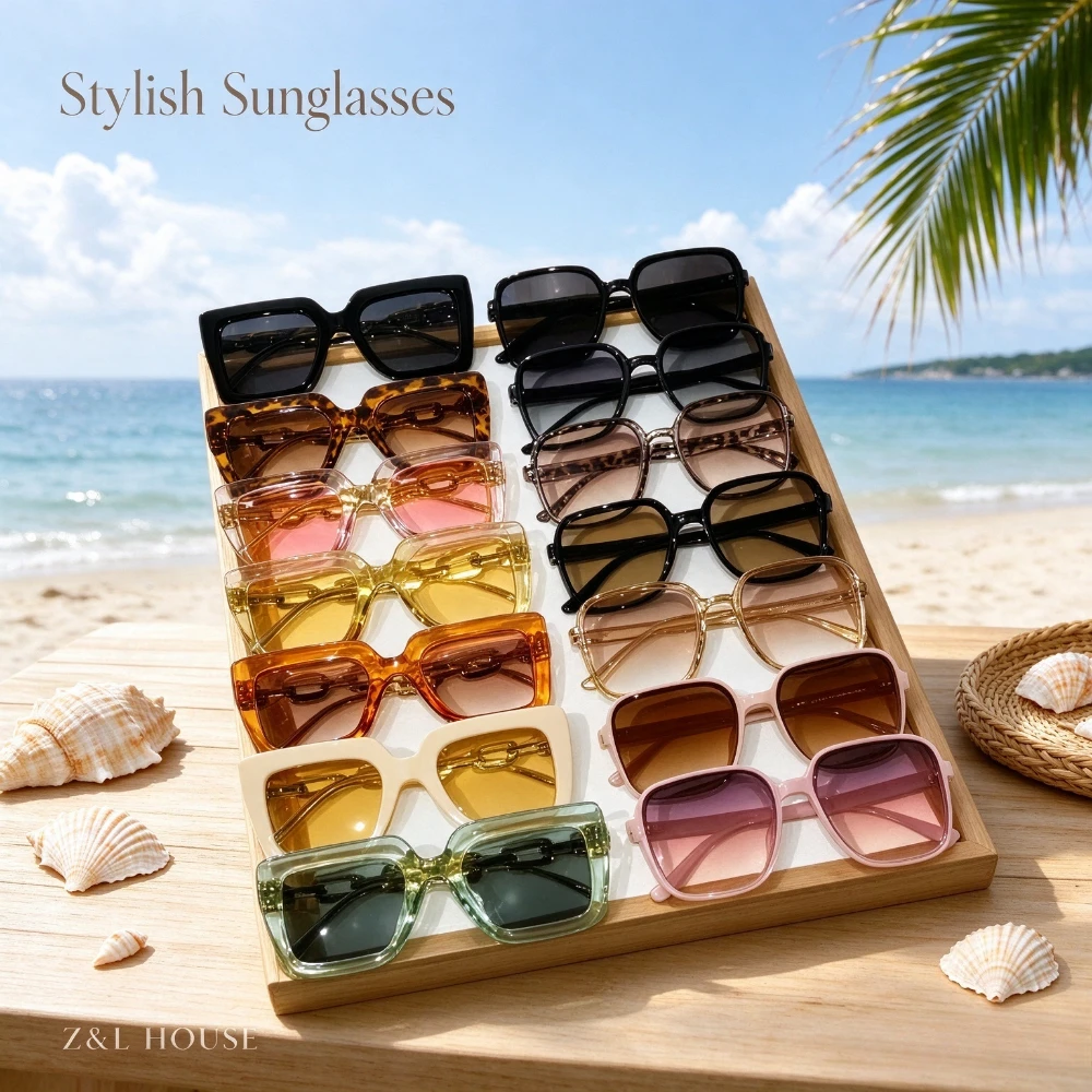 Z & L HOUSE 14-piece Women's Clothing Oversized Square Gradual Change Fashion Glasses Decorative Chain Metal Suitable for Beach Travel Daily Match