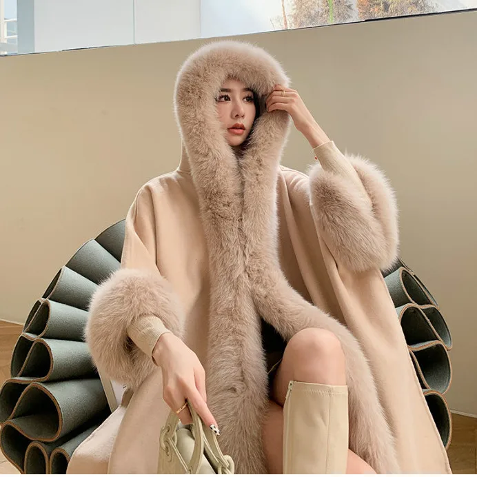 Elegant Fur Cape Women Winter Clothing Thick Warm Poncho Female Fashionable Cardigan Shawl Cloak Loose Fit Mid-length Coats T68