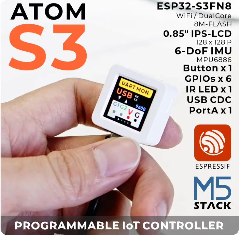 

Программируемый контроллер S3 ESP32-S3 с экраном IPS 0,85 дюйма, MPU6886 IMU, Wi-Fi, USB-C, компактный 24x24 мм для IoT и носителей