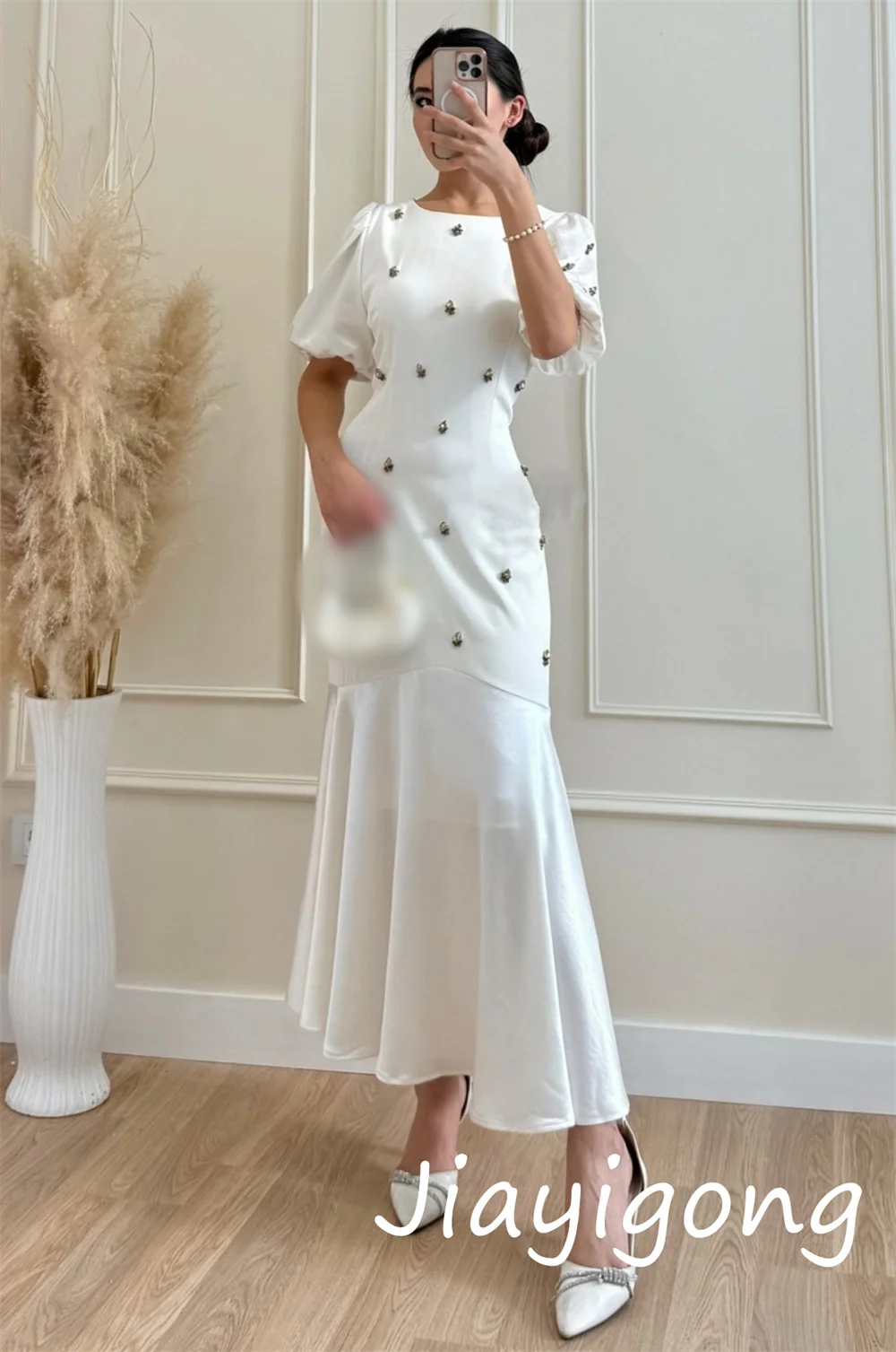 Vestidos Midi personalizados con lentejuelas y pliegues, corte en A, cuello redondo, moda para ocasiones a medida