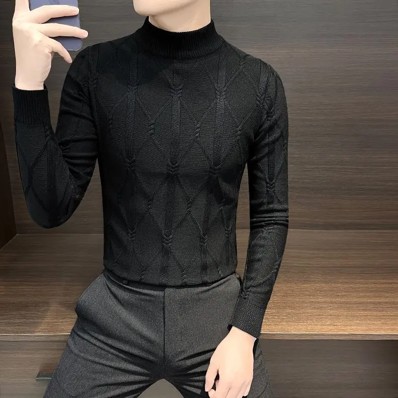 

Английский стиль, весна-осень, однотонный свитер с длинными рукавами, вязаная мужская одежда, пуловер с полувысоким воротником и резьбой, топы