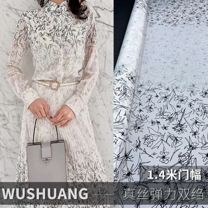 White Base Black Abstract Print Silk Stretch Crepe De Chine Fabric Mulberry Silk Material for Dresses blouse