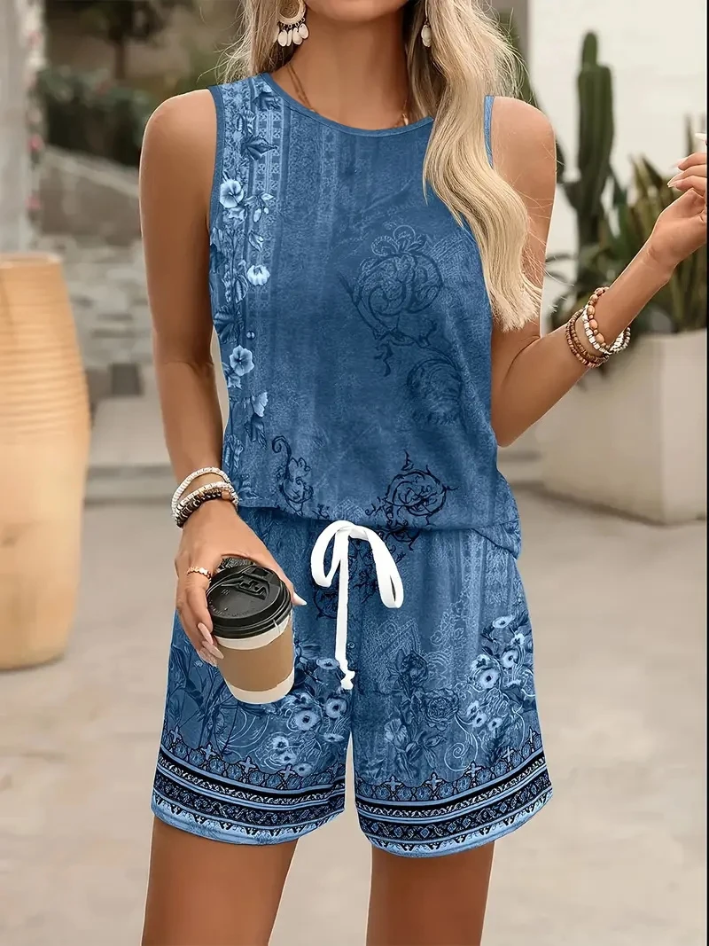 Women's Spring/Summer Fashion Two-Piece Set - Floral Elegant Sleeveless Vest + Floral Print Shorts, Suitable for Daily Wear and Vacation Outfits
