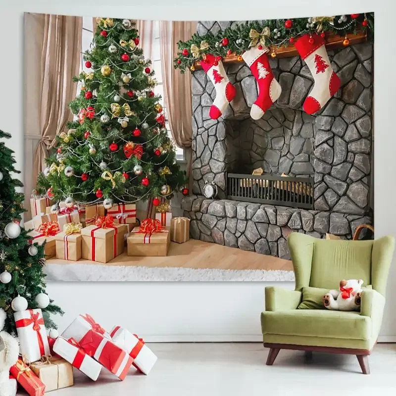 VIKAMA Stone Fireplace Christmas Tapestry Background Cloth Wall Decoration Living Room Background Wall Room Decoration