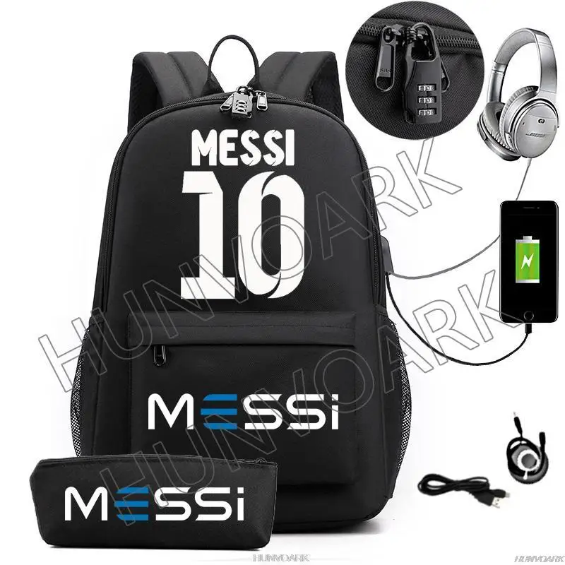 Messi-mochila ligera para ordenador portátil para hombre y mujer, morral escolar informal con USB, mochila de viaje para jóvenes, adolescentes,