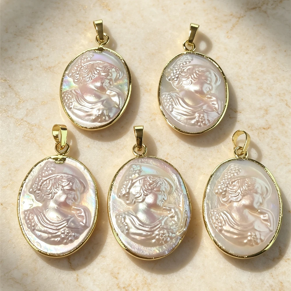 Vintage Oval Lady Cameo MOP Shell Charms Natural White Mother Of Pearl Golden Plated Frame DIY Earring Necklace Craft P2D677