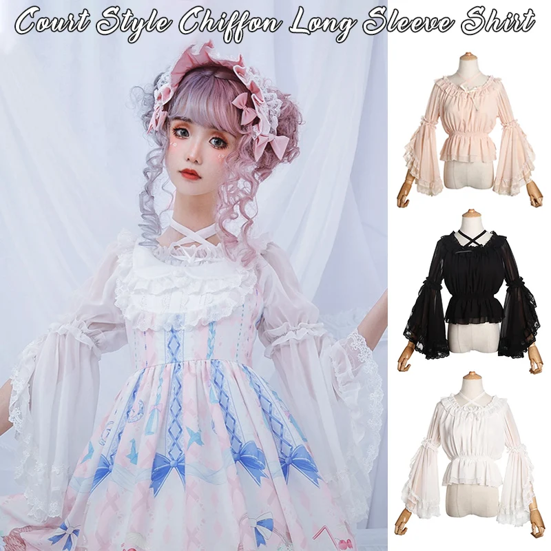 Sweet Women Chiffon Blouse Princess Lolita Flare Sleeve Cross Neck Lolita Tops Summer Cosplay Undershirt Lolita Bottom Shirts