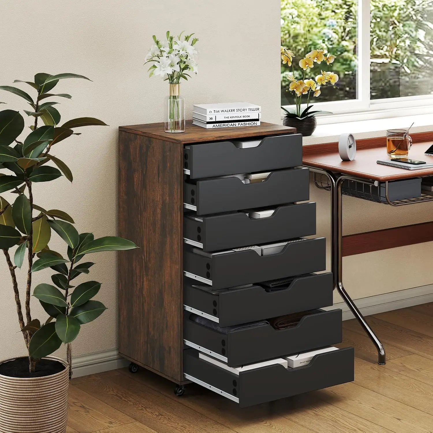 7 Drawer Mobile File Cabinet, Wood Office Storage with Wheels for Under Desk Home Office, Rustic Brown, Customized