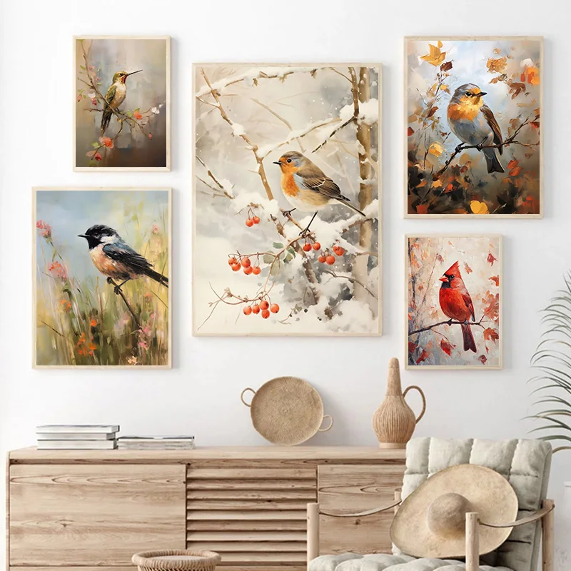 Fall Forest Hummingbird Cardinal Robin Canvas Painting Posters Print Autumn Wildlife Modern Farmhouse Wall Art Room Home Decor