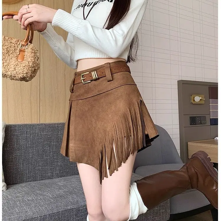 

Artistic Tassel Midi Skirt Women Irregular High Waist A-line Design Suede Skirt Streetwear Alternative Fashion Sexy Cosplay