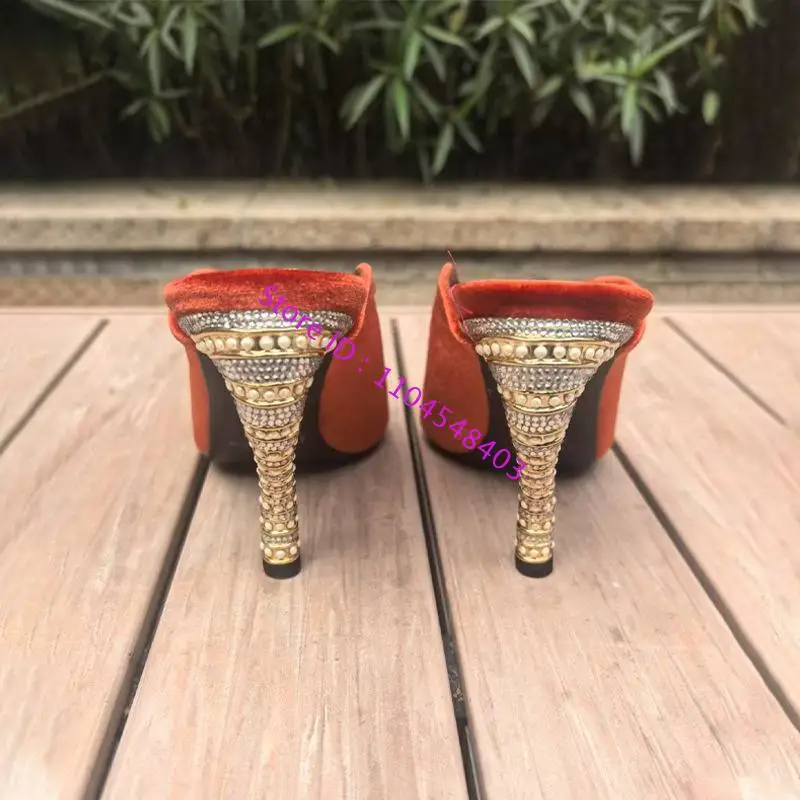 New Design Women Rhinestones Pearls High Heel Peep Pointy Toe Outdoor Slippers Contrast Color Velvet Shaped Crystal Heel Sandal