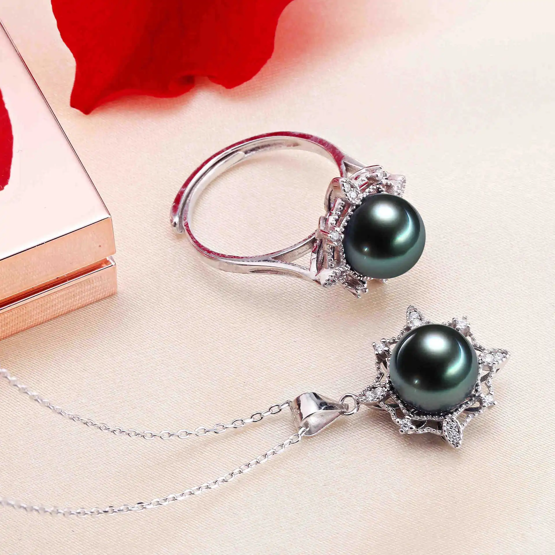 S925 Silver Retro Hollow Pearl Pendant Ring Set please place an order, 9-10mm black green round pearl pendant 925S