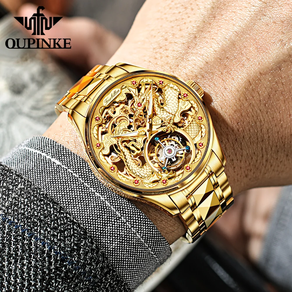 OUPINKE Tourbillon automatico da uomo Orologi Orologio in oro Maschile Drago Royal Sapphire Specchio Scheletro Impermeabile Genuino Top Brand