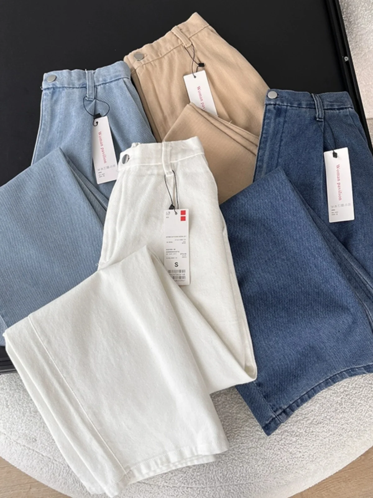 

High Waist Straight Leg Denim Jeans Women's Try-On Room Versatile Vintage Washed Loose Fit Classic Blue Cotton Stretch Denim