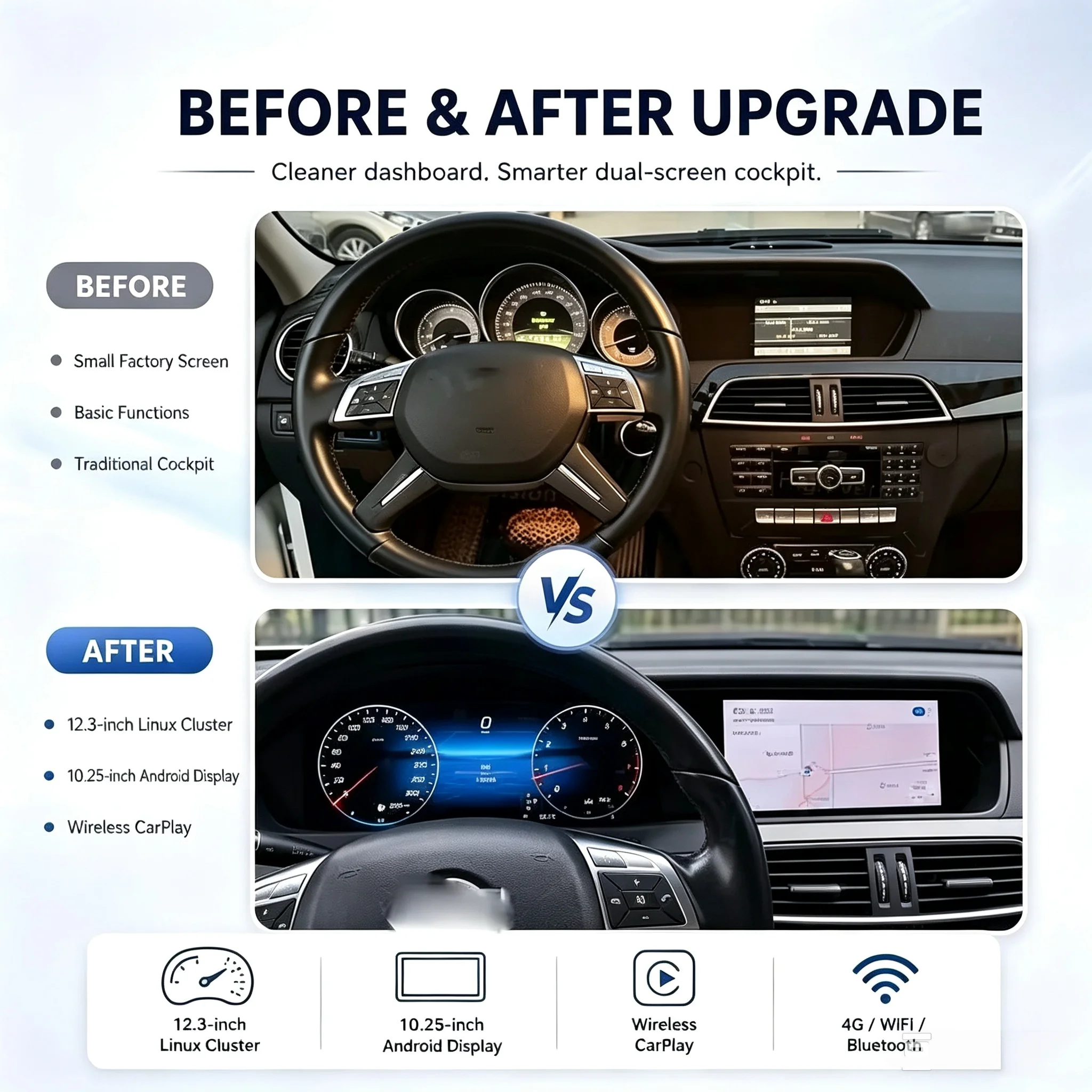12.3 Instrument + 8.8 Android 14 One Piece Screen For Benz W204 C Class 2011-2014 Wireless CarPlay 360 View Module Head Unit