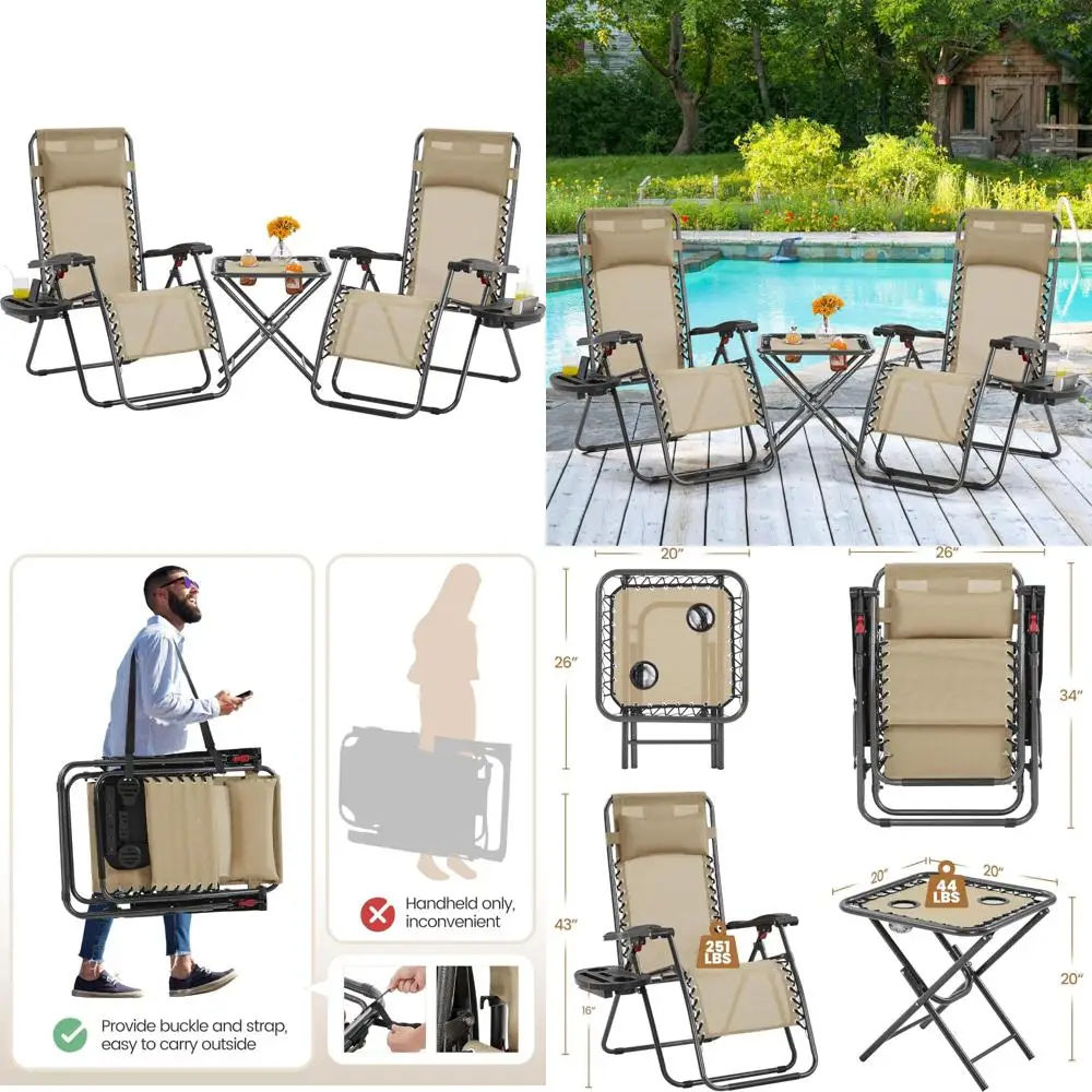 Portable Outdoor Zero Gravity Reclining Chair Set with Side Table, Folding Chaise Lounge Chairs for Patio Beach Relaxation