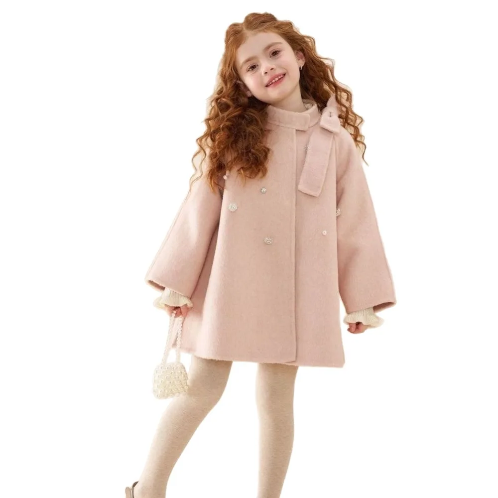 Girls Pink Double Face Wool Coat 2026 Spring Autumn New Rhinestone Sweet Kids Woolen Overcoat for 90-150cm