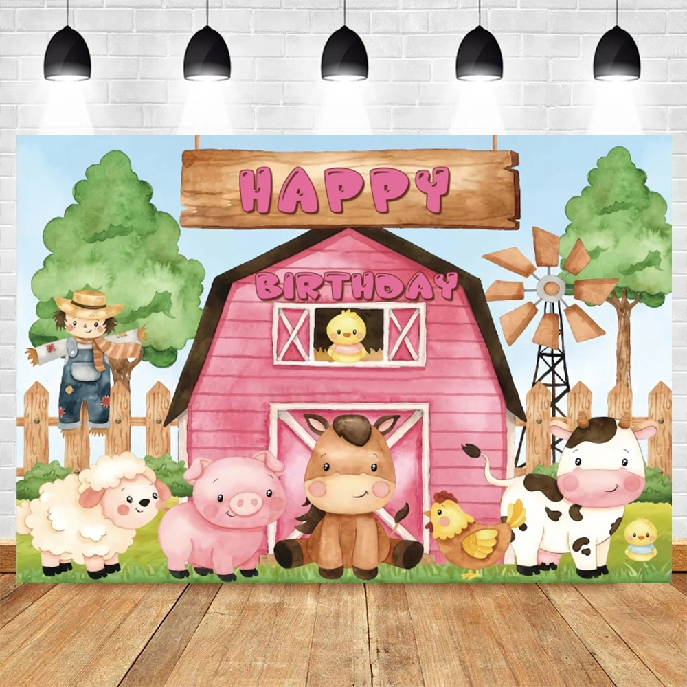 Cartoon Farm Red Barn Photo Background Rural Farm Animal Wooden Fence Baby Birthday Party Decor Photography Backdrop Props