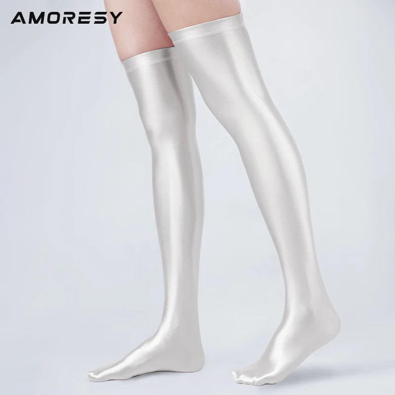 AMORESY Women Shiny Glossy Sexy Thigh High Socks Breathable Opaque Silky Spandex Oil Yoga Surfing Over-the-Knee Length Stockings