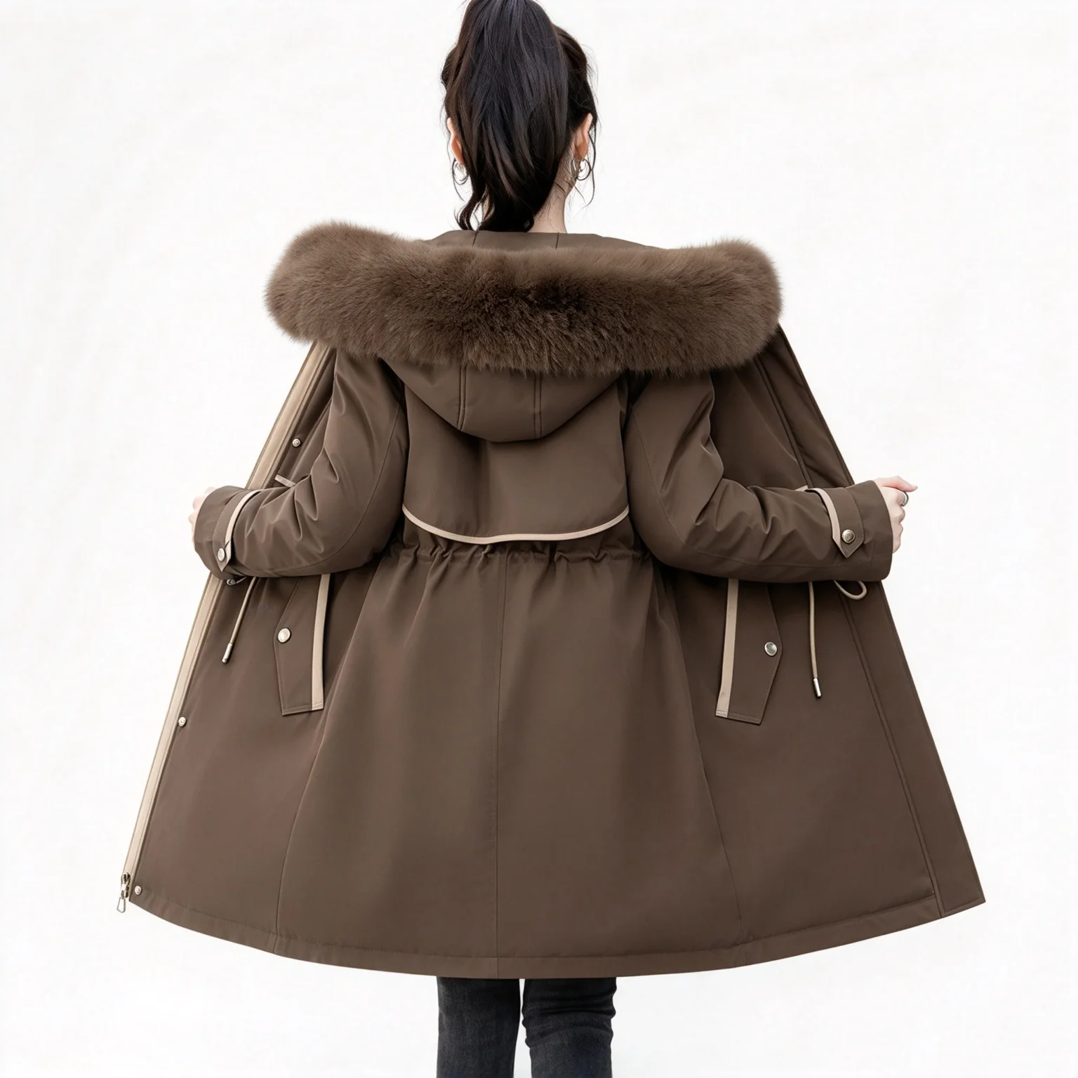 Women Parka Coat With Faux Fur Hood Parkas Mid‑Length Drawstring Waist Winter Warm Windproof Casual Outerwear Down Cotton Jacket