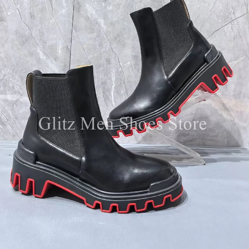 Black New Men's Chelsea Ankle Platform Boots Round Toe Fashion Casual British Style Handmade Elastic Office Shoes Men Boots