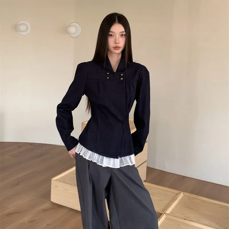 

Джинсовая двубортная темно-синяя рубашка с длинными рукавами, блузка с рюшами на воротнике, тонкие топы, офисная одежда, осенняя новая женская одежда