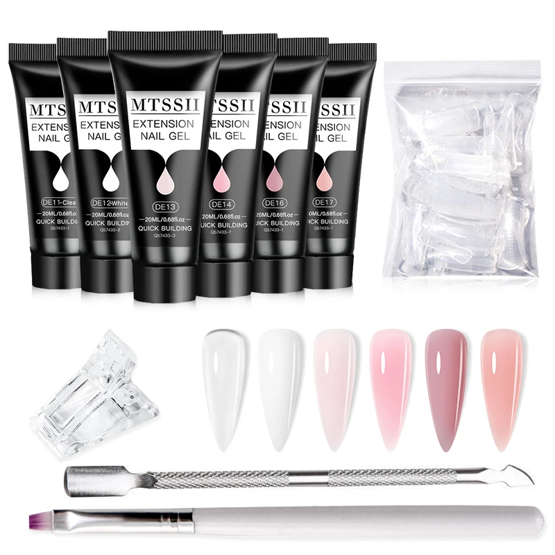 Set de 5 Geles de Extensión de Uñas de Poligel de 20ml, Gel UV LED Acrílico Transparente, Blanco, Rosa Nude, Kit de Gel UV para Construcción de Uñas