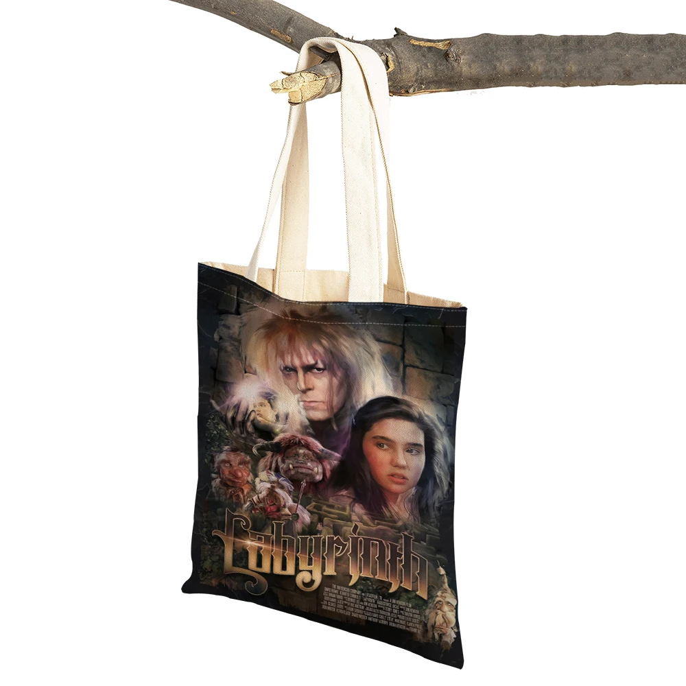 Film classico Labyrinth Cartoon Girl Borsa da viaggio Tote Borsa doppia stampa Borsa per la spesa da donna Borsa shopper riutilizzabile in lino