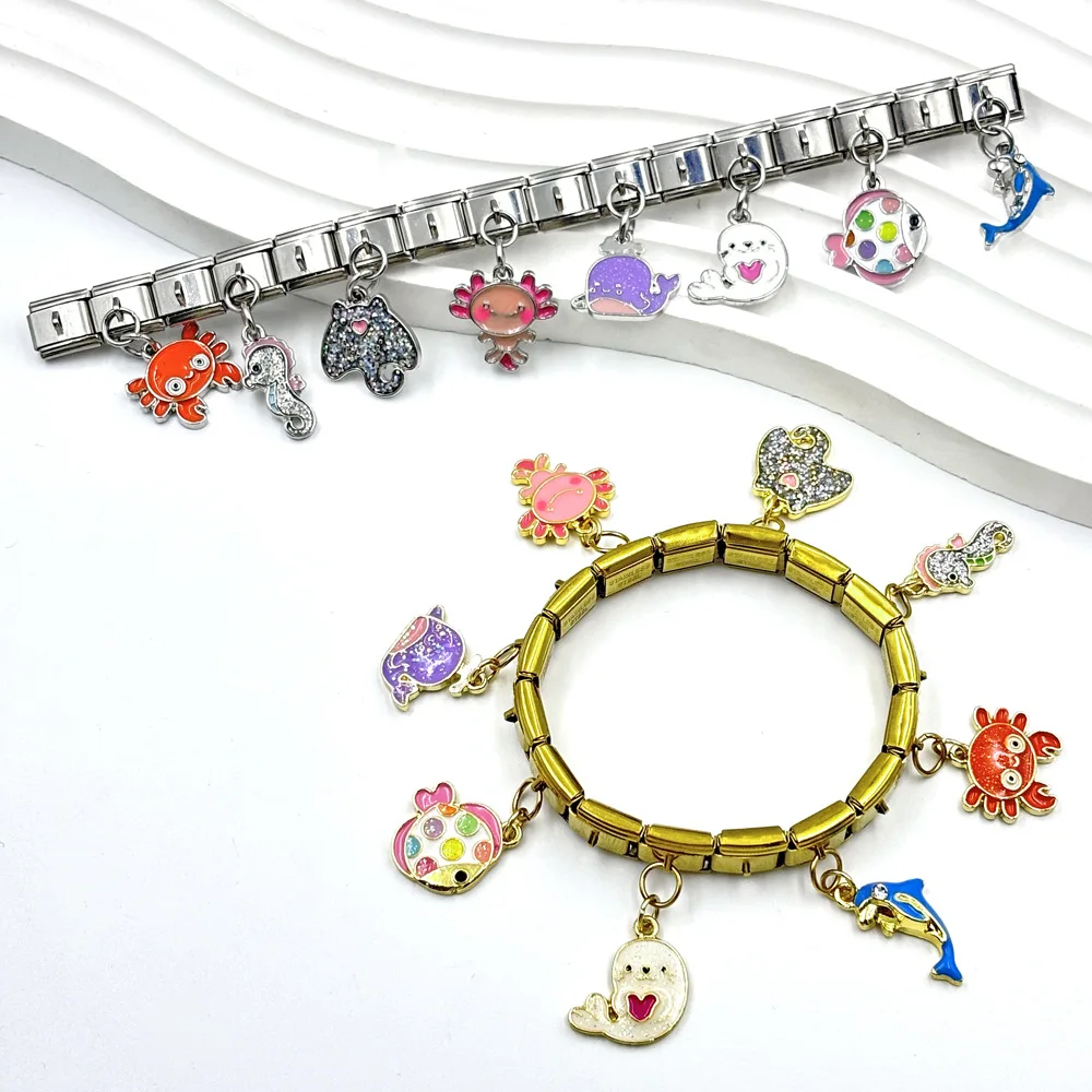 Drip Oil Pendant  Marine Animal Series 9mm Italian Modular Bracelets Woman Men DIY Assembly Removable Watch Band  Accessories