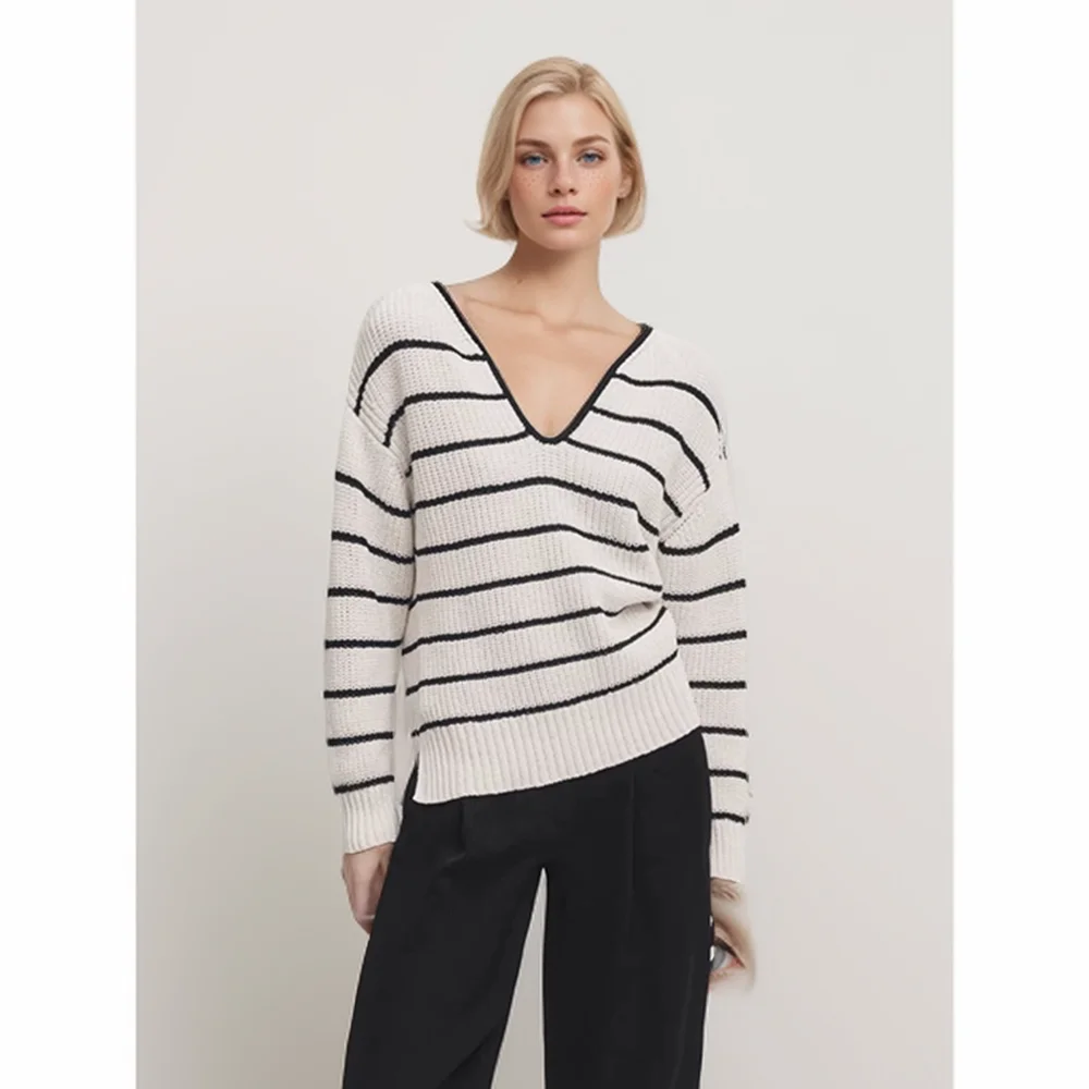 

Cos Lris fall new 2024 Casual lazy commuter style striped V-neck sweater long sleeve knitwear women