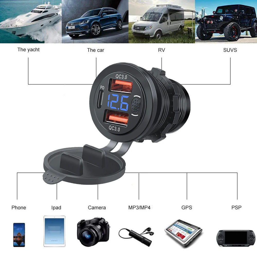 Three Ports Car Charger PD Dual QC3.0 USB Charger Socket with With Digital Voltmeter Button Switch 12V/24V for Motorcycle Car