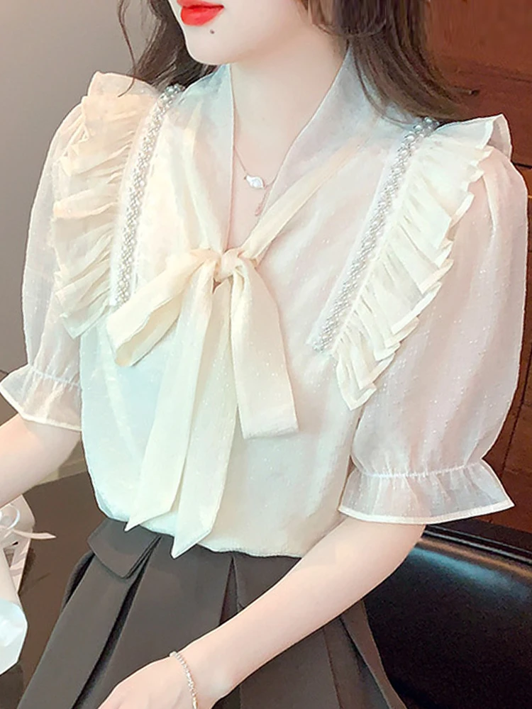 

Summer Short Sleeve Blouse Women Ruffles Beading Chiffon Blouse Shirt Women Tops Blusas Mujer De Moda 2024 Verano Blouses G493