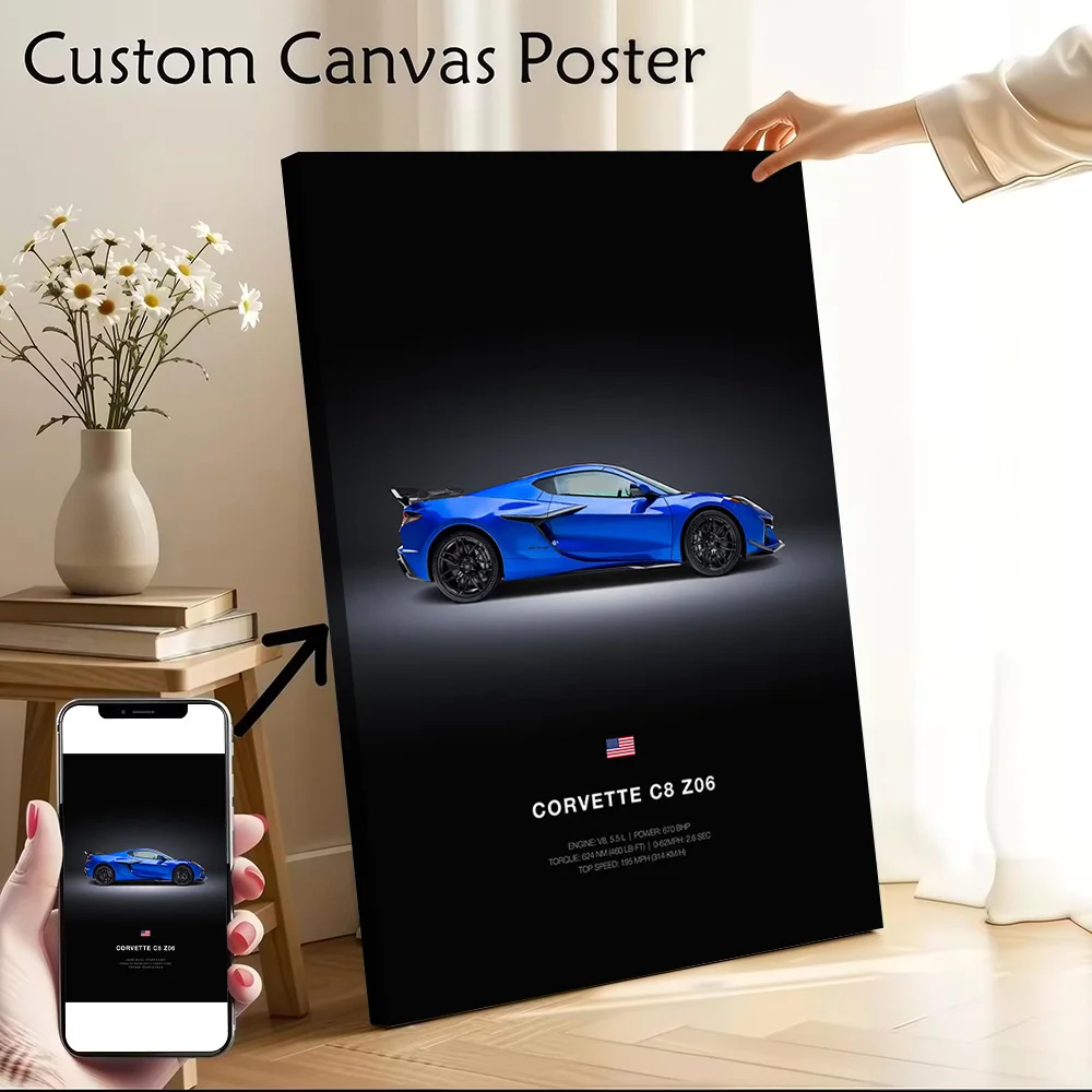 Blue Corvette C8 Z06 Car Printed Canvas Wall Art Customizable Paintings Poster Perfect Gift for Decor Living Room Decorations