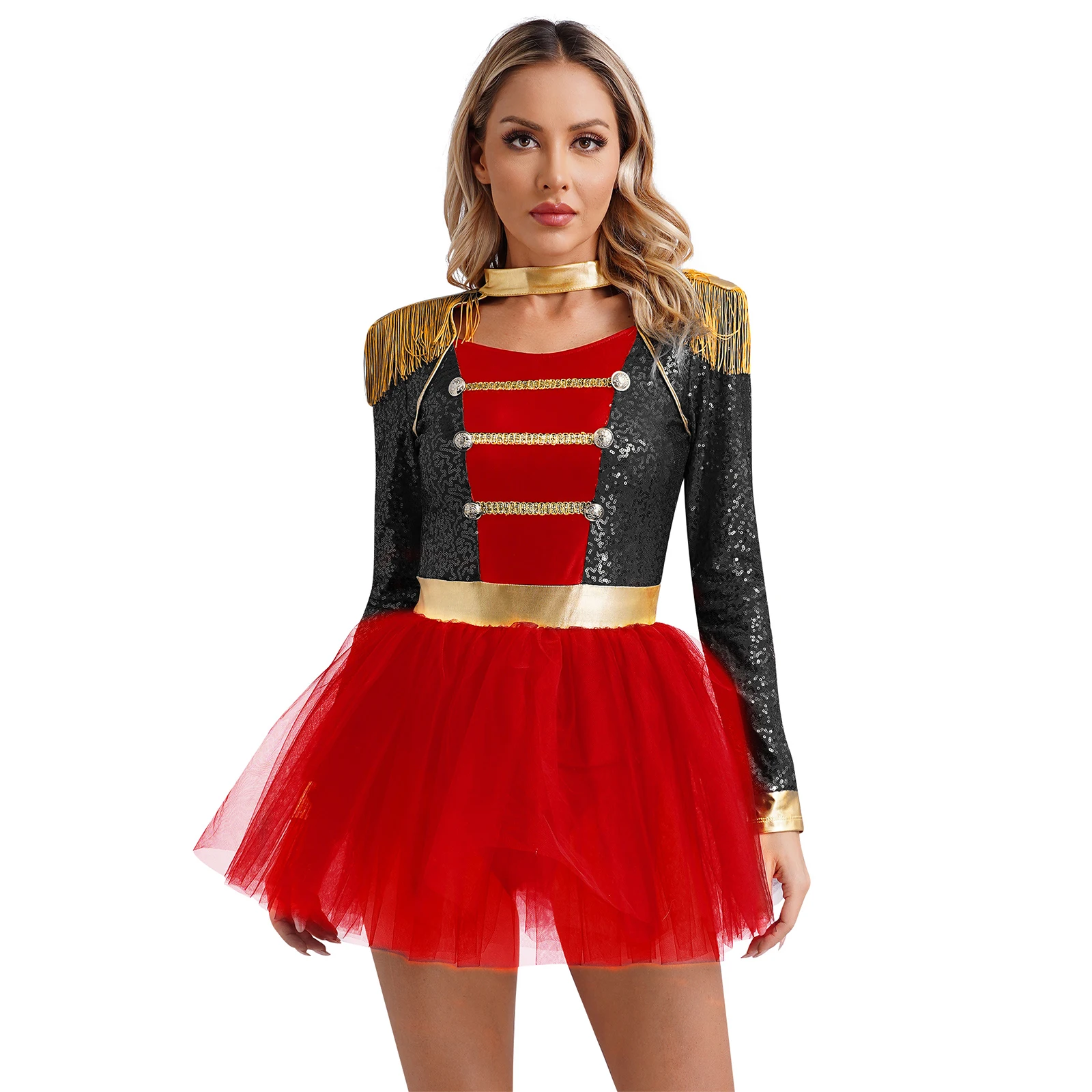 

Womens Circus Ringmaster Director Uniform Clown Cosplay Costumes Fringe Shoulder Boards Keyhole Long Sleeve Bodysuit Dress